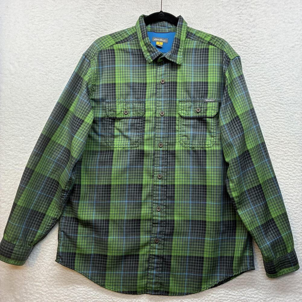 Eddie Bauer Shirt Mens Large Green Plaid Travex Hiking Button Front Outdoor